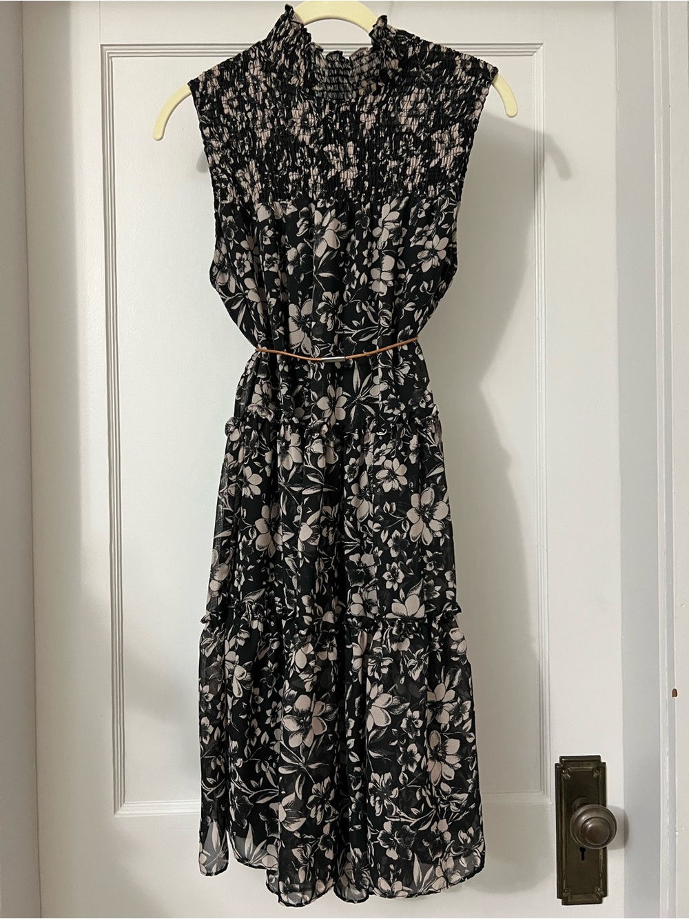 Black Floral Smocked Midi Dress with High Neck